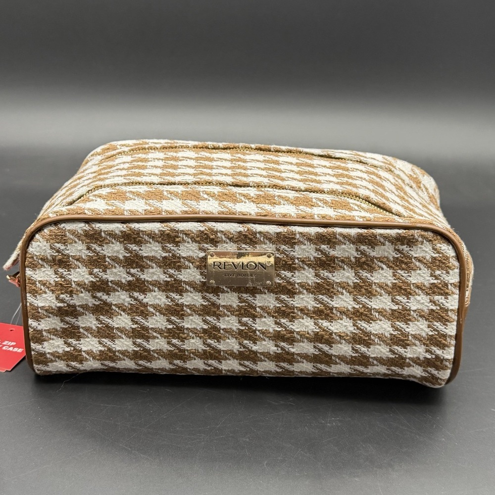 Revlon Women Tweed Makeup Bag Dual Zip Toiletry Case Medium NWT Travel Coquette